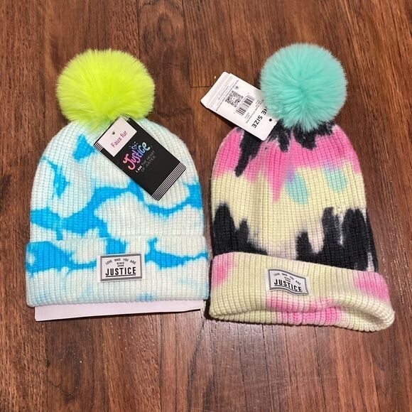 Girls NWT Justice Tie Dye Beanie Hats With Pom Pom Bundle - Picture 1 of 4